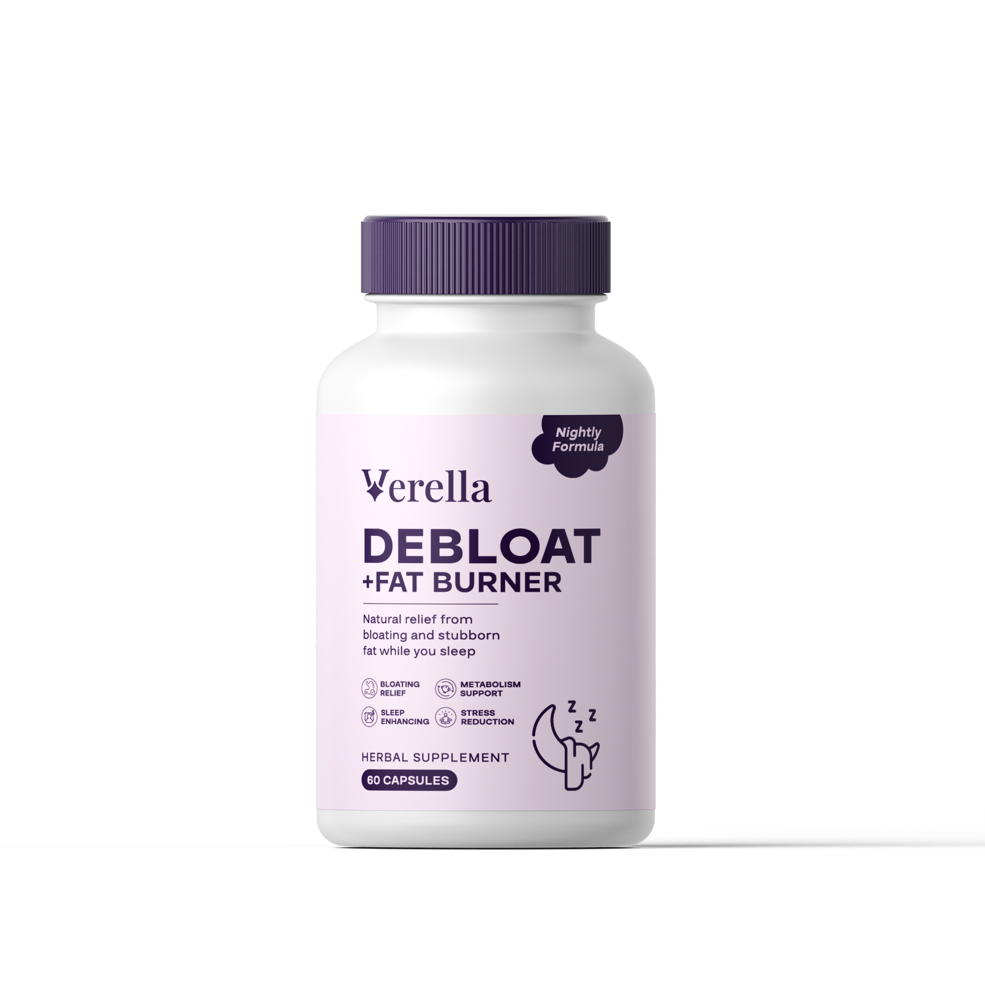 White supplement bottle with purple cap labeled 'Verella Debloat + Fat Burner' on a white background