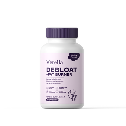 White supplement bottle with purple cap labeled 'Verella Debloat + Fat Burner' on a white background