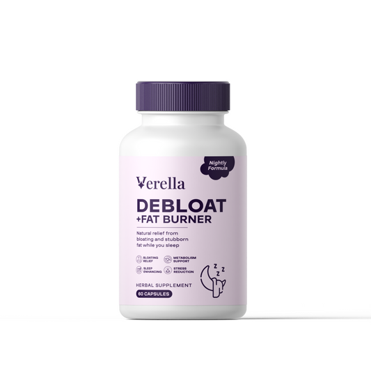 White supplement bottle with purple cap labeled 'Verella Debloat + Fat Burner' on a white background